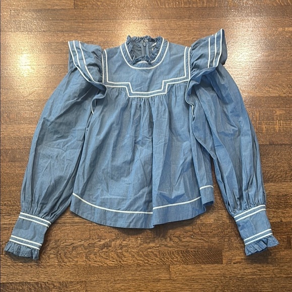 Ulla Johnson Ester Ruffled Cotton-Chambray Blouson
Sleeve Blouse Blue size 0 - Picture 1 of 9